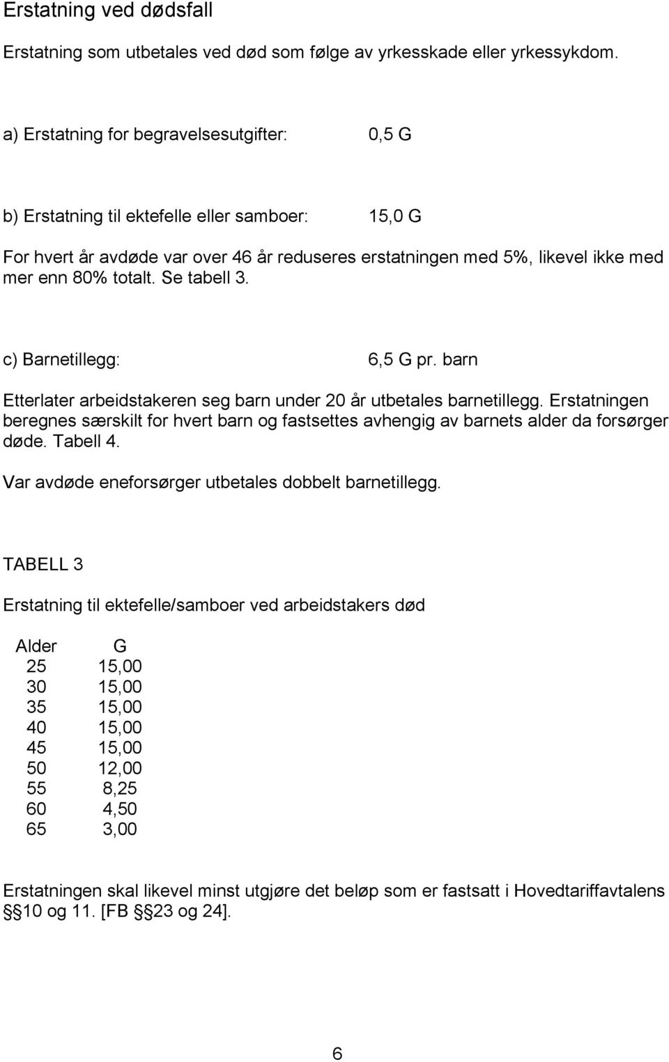 Se tabell 3. c) Barnetillegg: 6,5 G pr. barn Etterlater arbeidstakeren seg barn under 20 år utbetales barnetillegg.