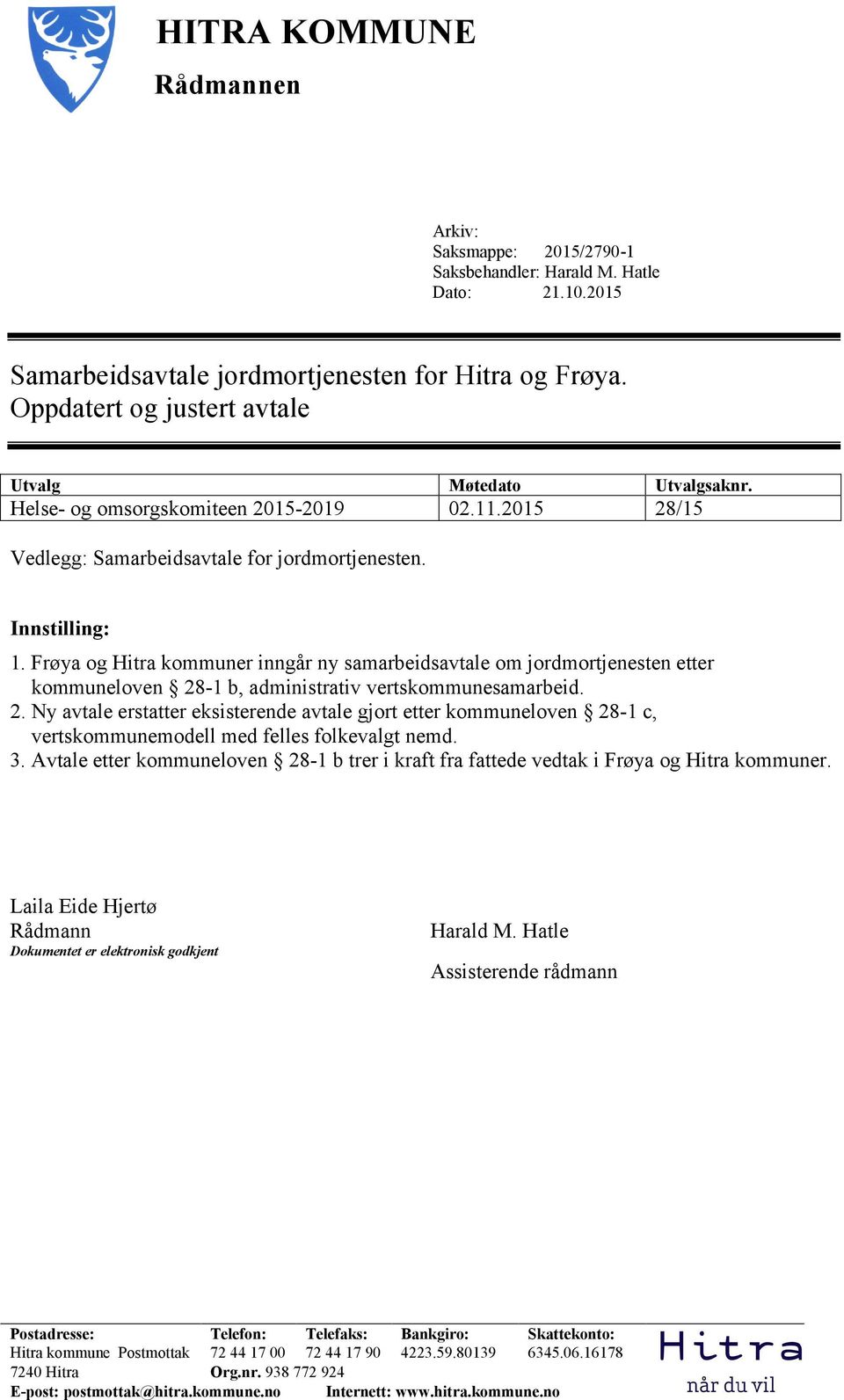 Frøya og Hitra kommuner inngår ny samarbeidsavtale om jordmortjenesten etter kommuneloven 28