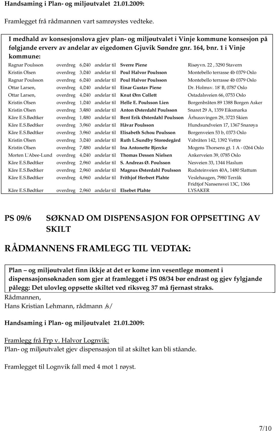 22, 3290 Stavern Kristin Olsen overdreg 3/240 andelar til Poul Halvor Poulsson Montebello terrasse 4b 0379 Oslo Ragnar Poulsson overdreg 6/240 andelar til Poul Halvor Poulsson Montebello terrasse 4b