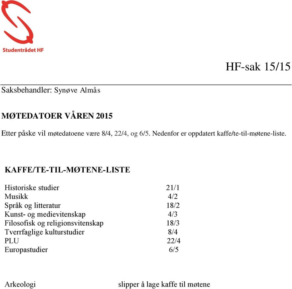 KAFFE/TE-TIL-MØTENE-LISTE Historiske studier 21/1 Musikk 4/2 Språk og litteratur 18/2 Kunst- og