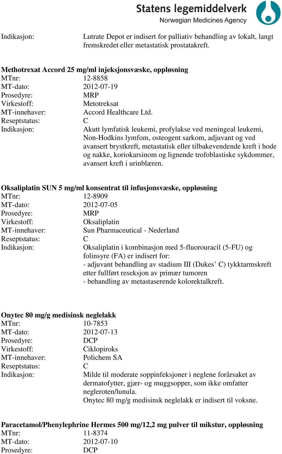 Akutt lymfatisk leukemi, profylakse ved meningeal leukemi, Non-Hodkins lymfom, osteogent sarkom, adjuvant og ved avansert brystkreft, metastatisk eller tilbakevendende kreft i hode og nakke,