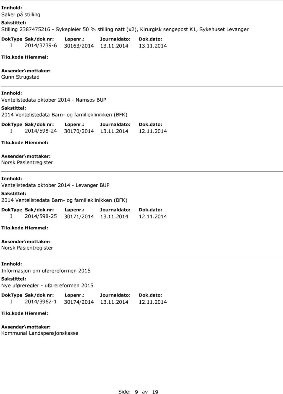 Pasientregister Ventelistedata oktober 2014 - Levanger BP 2014 Ventelistedata Barn- og familieklinikken (BFK) 2014/598-25 30171/2014 Norsk