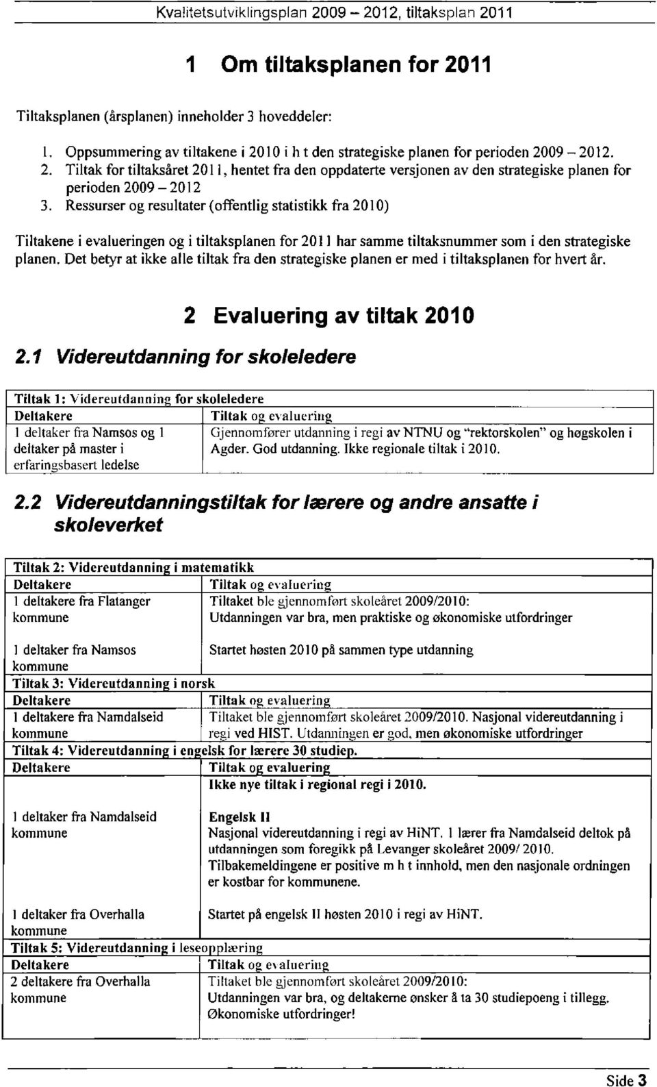 Ressurser og resultater (offentlig statistikk fra 2010) Tiltakene i evalueringen og i tiltaksplanen for 2011 har samme tiltaksnumrner som i den strategiske planen.