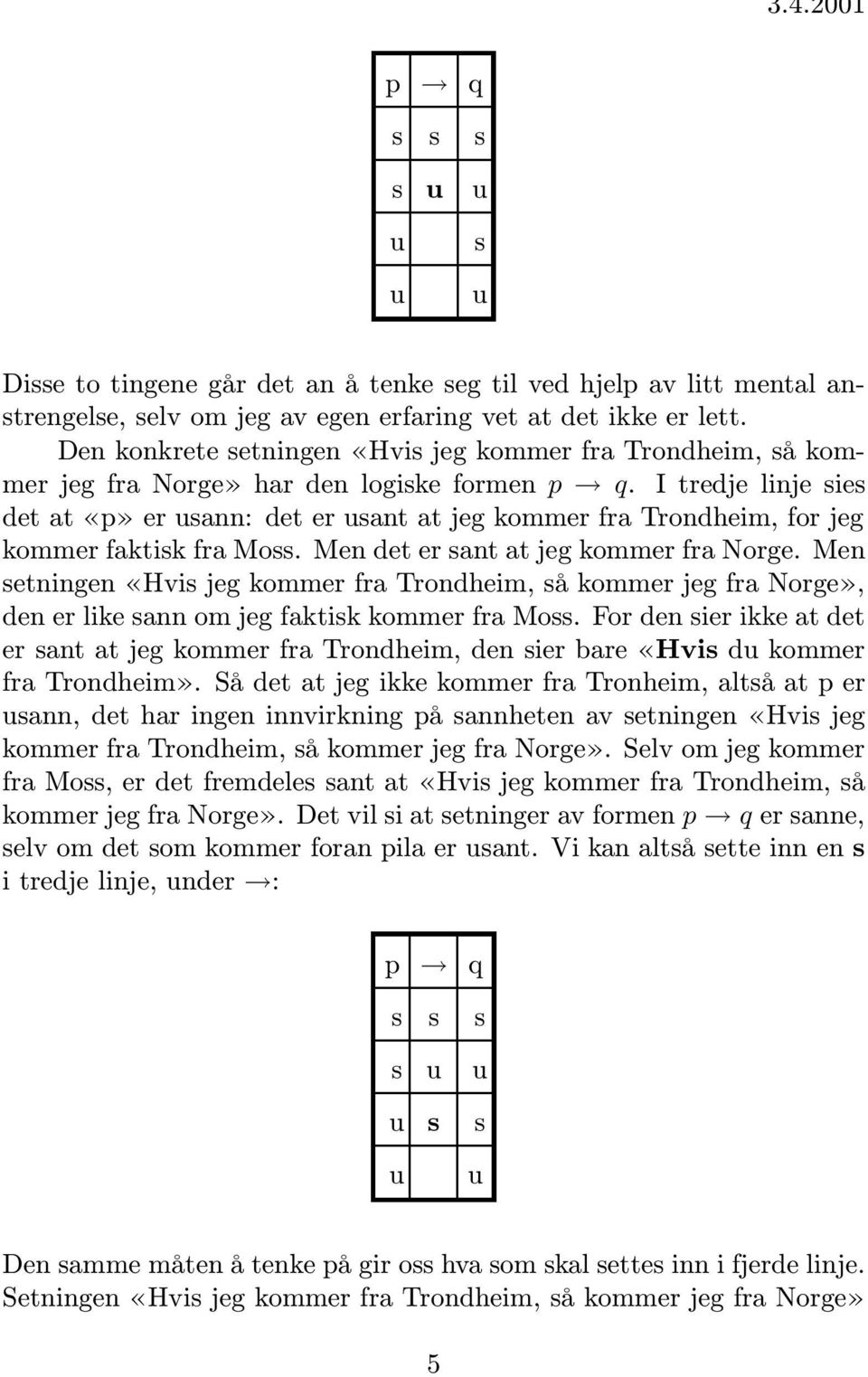 I tredje linje ie det at «p» er ann: det er ant at jeg kommer fra Trondheim, for jeg kommer faktik fra Mo. Men det er ant at jeg kommer fra Norge.