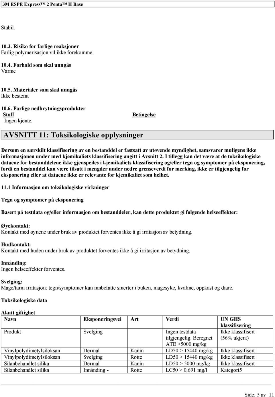 Betingelse AVSNITT 11: Toksikologiske opplysninger Dersom en særskilt klassifisering av en bestanddel er fastsatt av utøvende myndighet, samsvarer muligens ikke informasjonen under med kjemikaliets