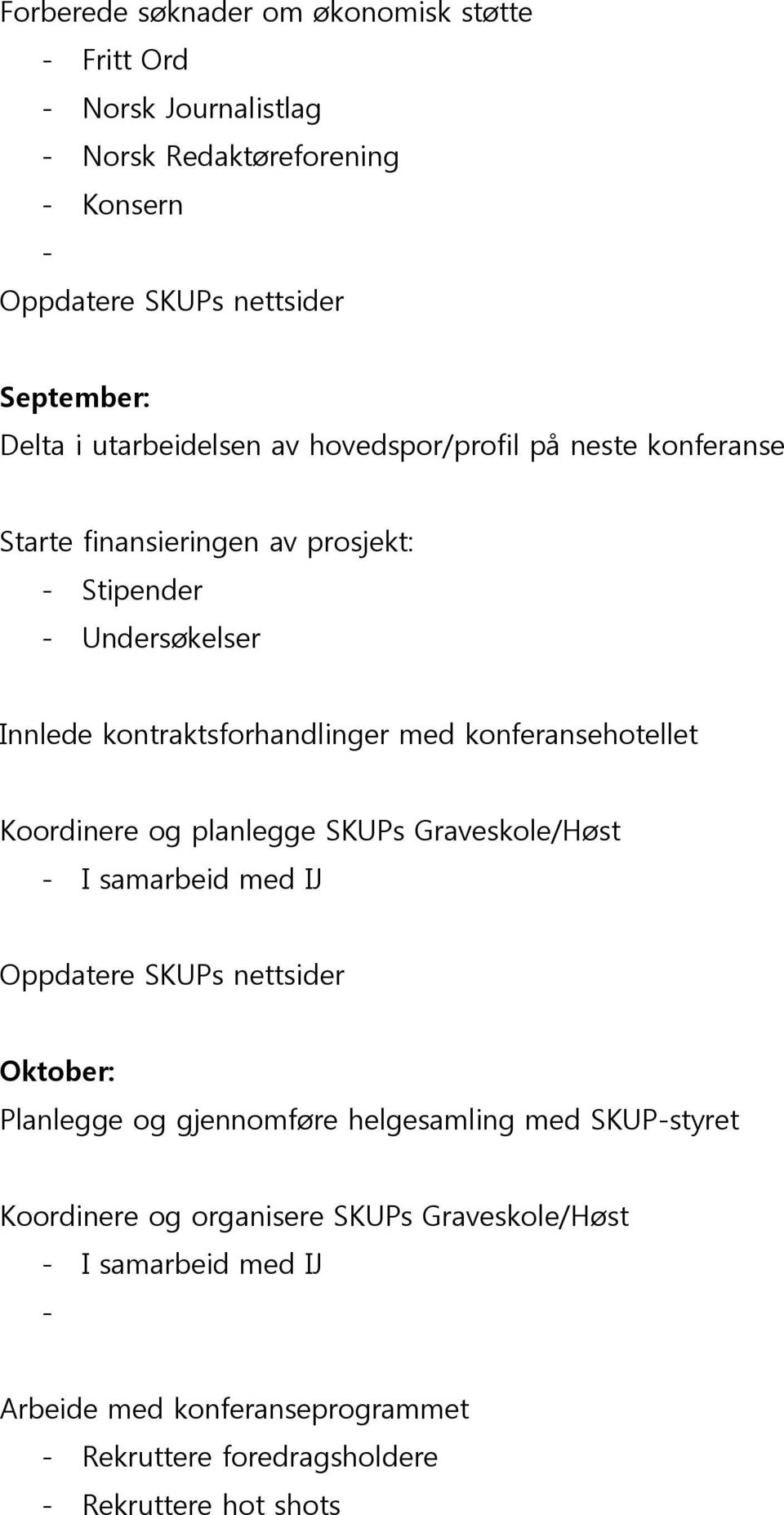 konferansehotellet Koordinere og planlegge SKUPs Graveskole/Høst - I samarbeid med IJ Oppdatere SKUPs nettsider Oktober: Planlegge og gjennomføre helgesamling