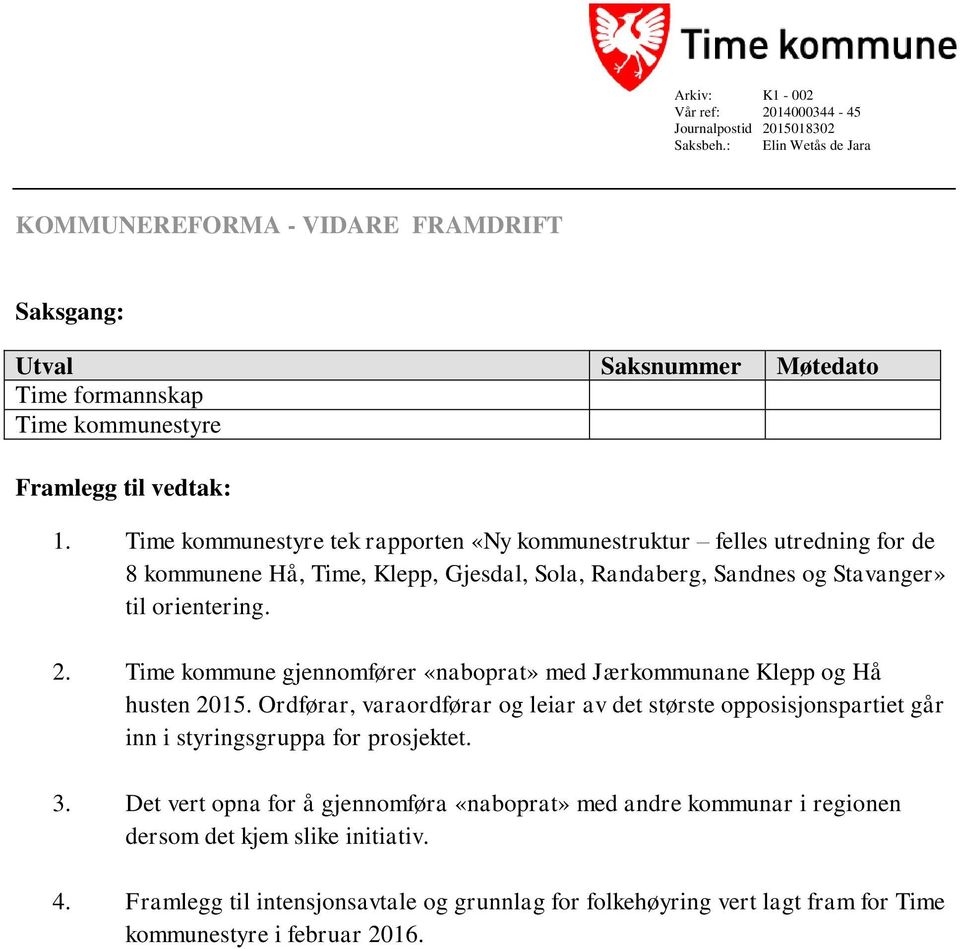 Time kommunestyre tek rapporten «Ny kommunestruktur felles utredning for de 8 kommunene Hå, Time, Klepp, Gjesdal, Sola, Randaberg, Sandnes og Stavanger» til orientering. 2.