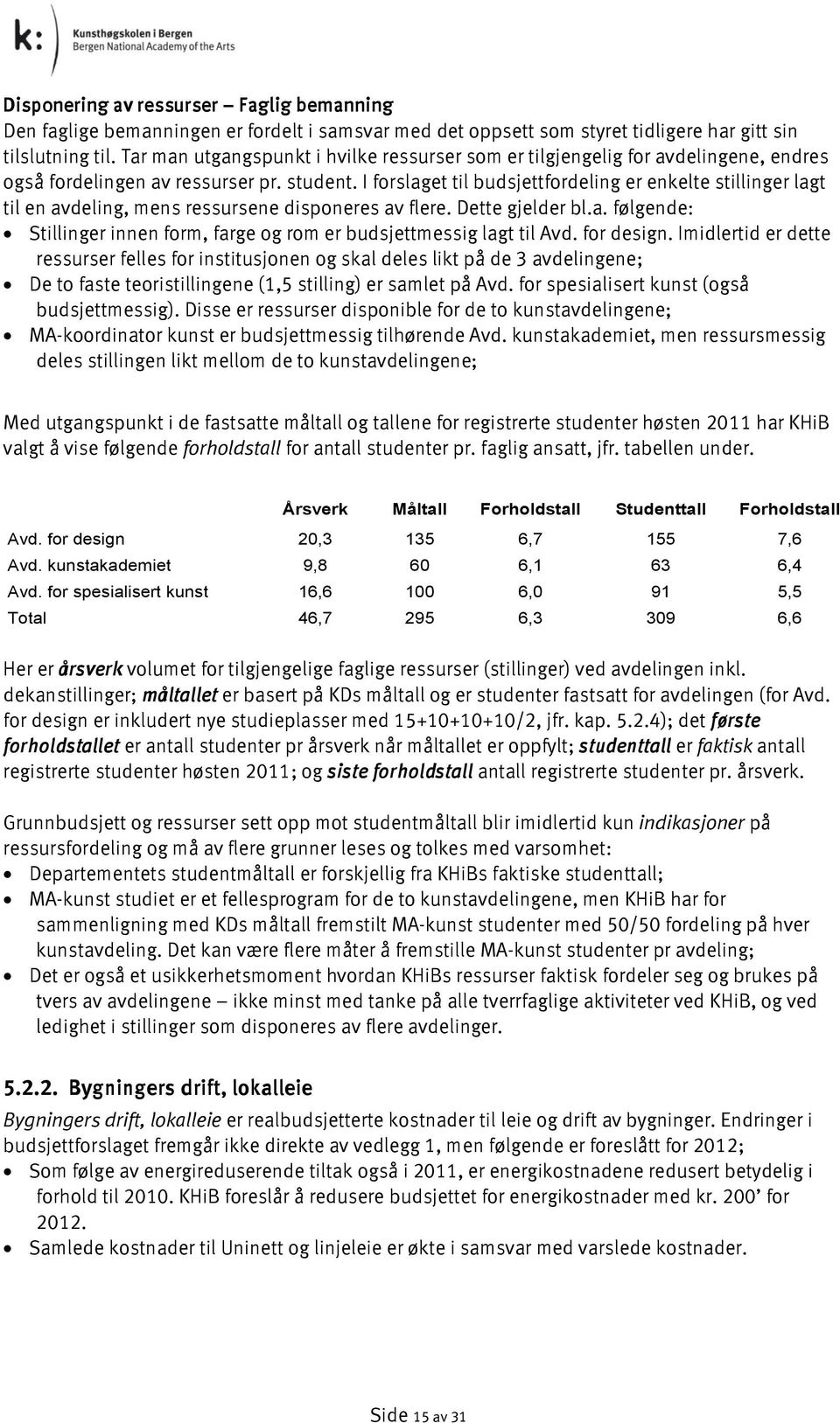 I forslaget til budsjettfordeling er enkelte stillinger lagt til en avdeling, mens ressursene disponeres av flere. Dette gjelder bl.a. følgende: Stillinger innen form, farge og rom er budsjettmessig lagt til Avd.