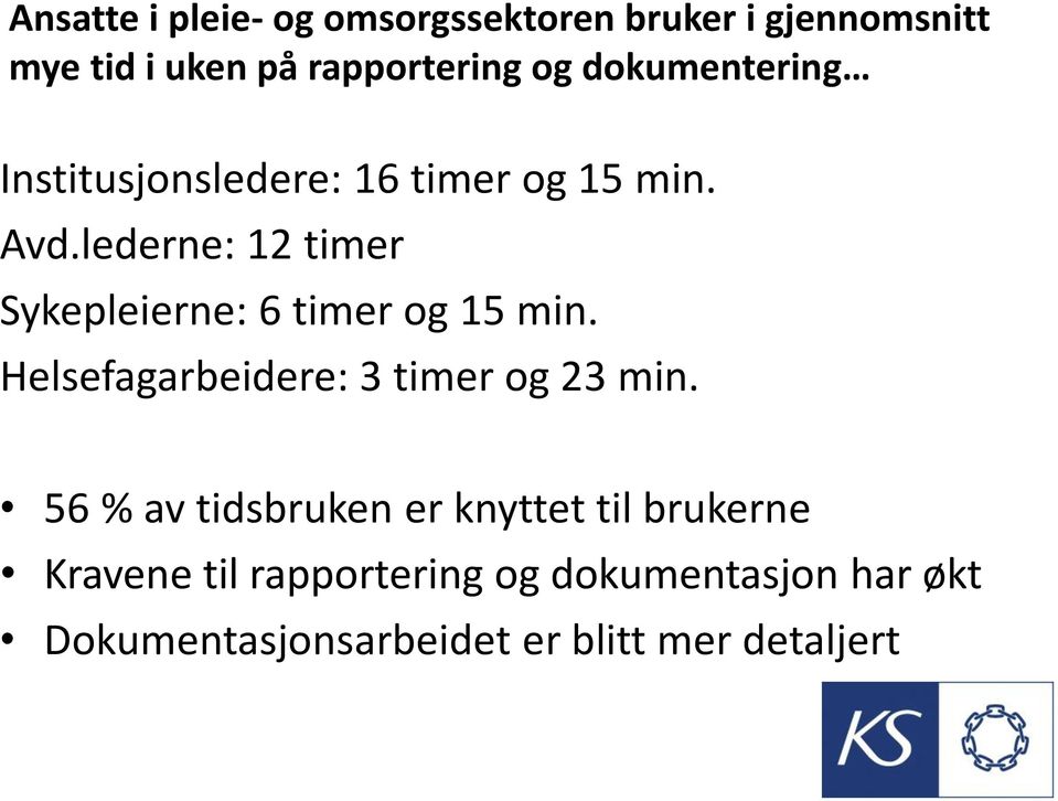 lederne: 12 timer Sykepleierne: 6 timer og 15 min. Helsefagarbeidere: 3 timer og 23 min.