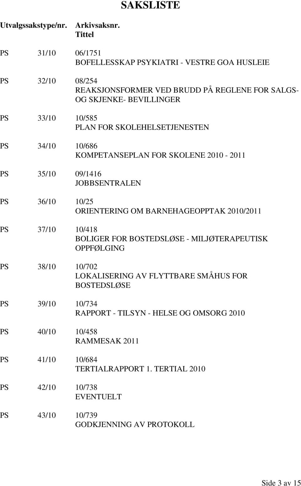 SKOLEHELSETJENESTEN PS 34/10 10/686 KOMPETANSEPLAN FOR SKOLENE 2010-2011 PS 35/10 09/1416 JOBBSENTRALEN PS 36/10 10/25 ORIENTERING OM BARNEHAGEOPPTAK 2010/2011 PS 37/10 10/418