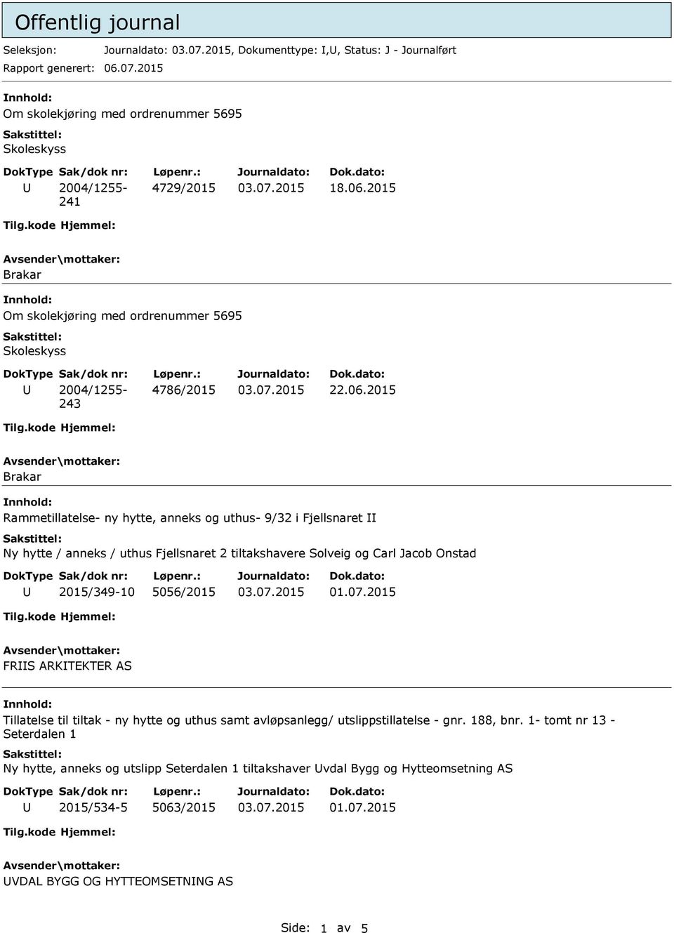 5056/2015 FRS ARKTEKTER AS Tillatelse til tiltak - ny hytte og uthus samt avløpsanlegg/ utslippstillatelse - gnr. 188, bnr.