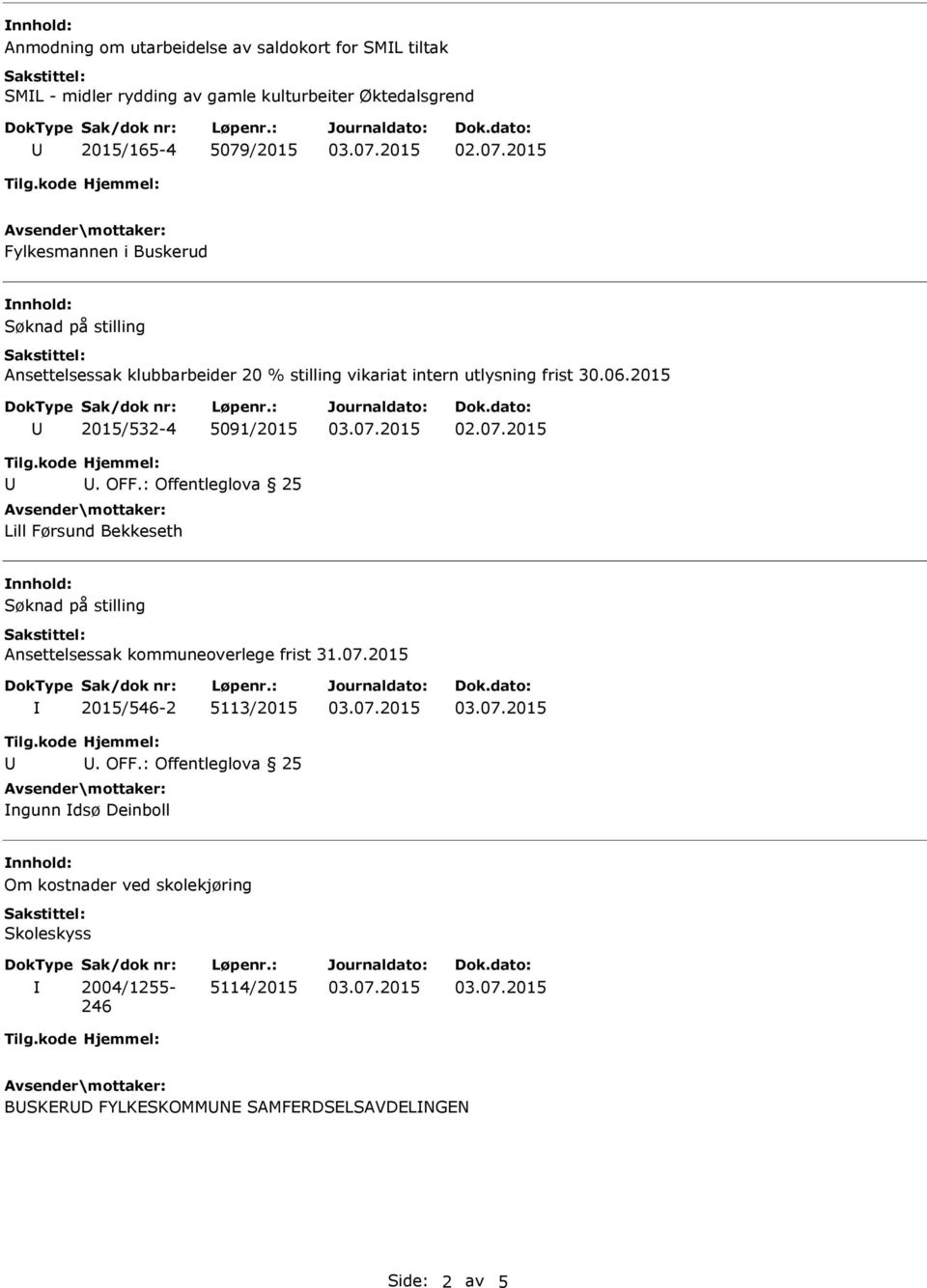 2015 2015/532-4 5091/2015. OFF.: Offentleglova 25 Lill Førsund Bekkeseth Søknad på stilling Ansettelsessak kommuneoverlege frist 31.07.