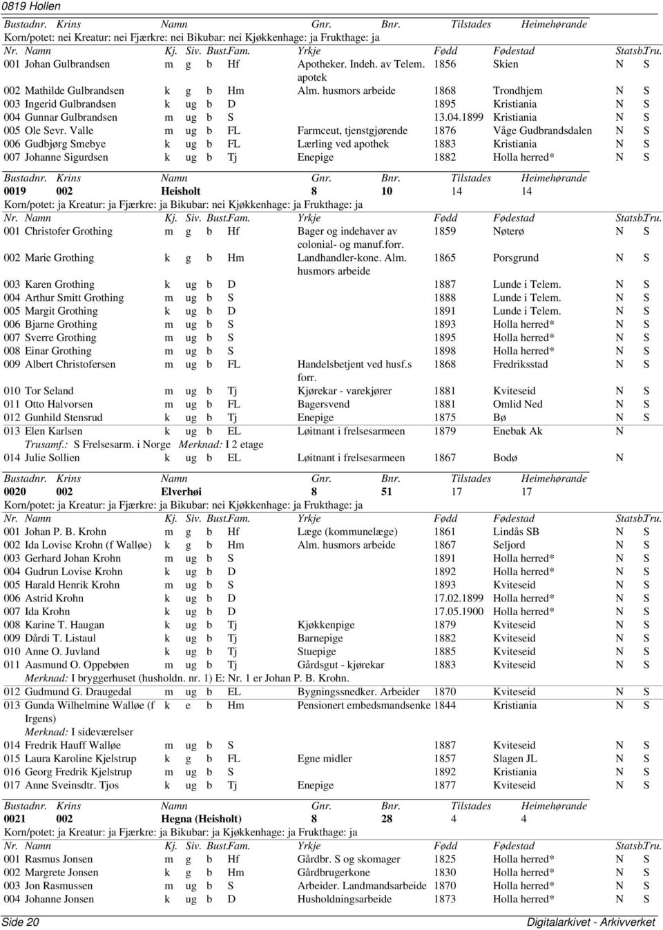 Valle m ug b FL Farmceut, tjenstgjørende 1876 Våge Gudbrandsdalen N S 006 Gudbjørg Smebye k ug b FL Lærling ved apothek 1883 Kristiania N S 007 Johanne Sigurdsen k ug b Tj Enepige 1882 Holla herred*