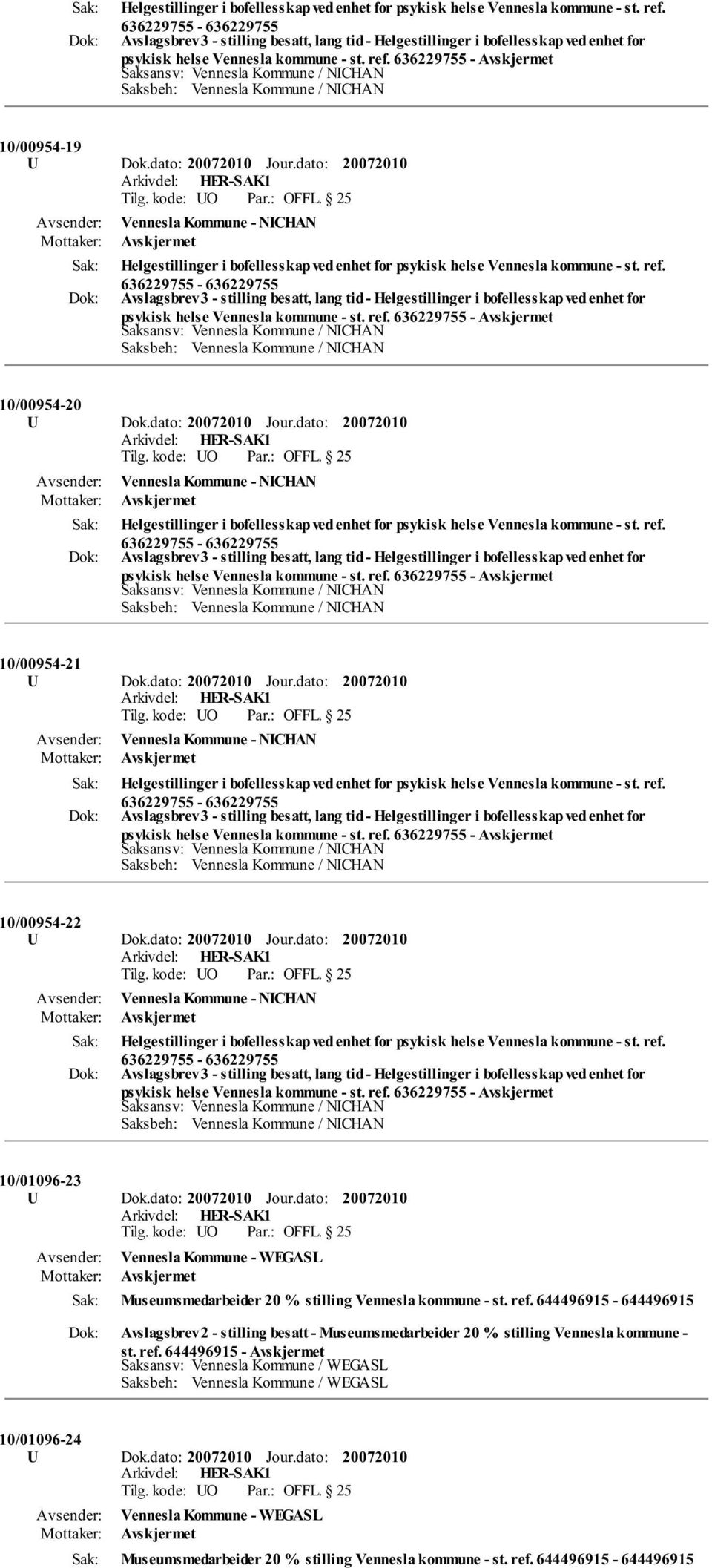 dato: Jour.dato: Helgestillinger i bofellesskap ved enhet for psykisk helse Vennesla kommune - st. ref.