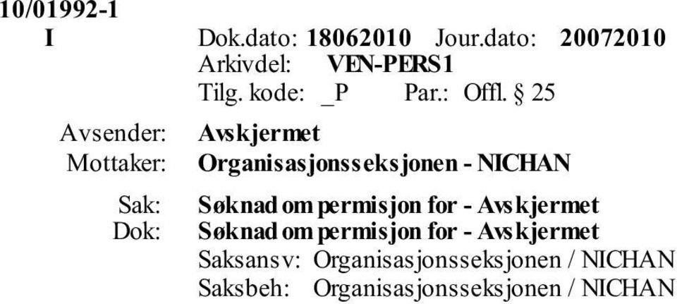 25 Avsender: Organisasjonsseksjonen - NICHAN Søknad om permisjon