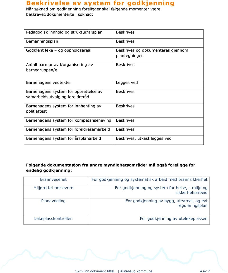 foreldreråd Barnehagens system for innhenting av politiattest Barnehagens system for kompetanseheving Barnehagens system for foreldresamarbeid Barnehagens system for årsplanarbeid Legges ved, utkast