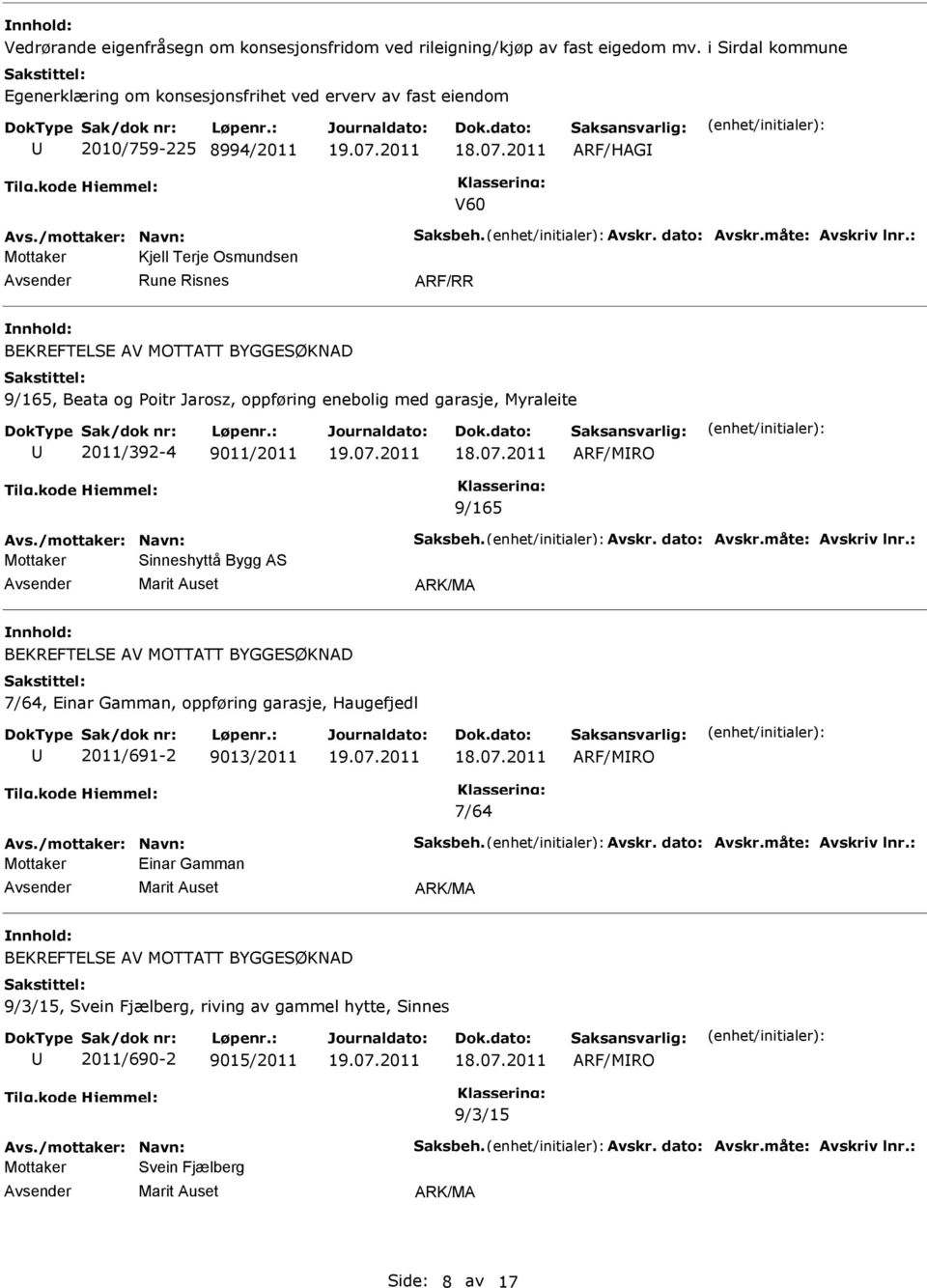 : Mottaker Kjell Terje Osmundsen Rune Risnes BEKREFTELSE AV MOTTATT BYGGESØKNAD 9/165, Beata og oitr Jarosz, oppføring enebolig med garasje, Myraleite 2011/392-4 9011/2011 ARF/MRO 9/165 Avs.