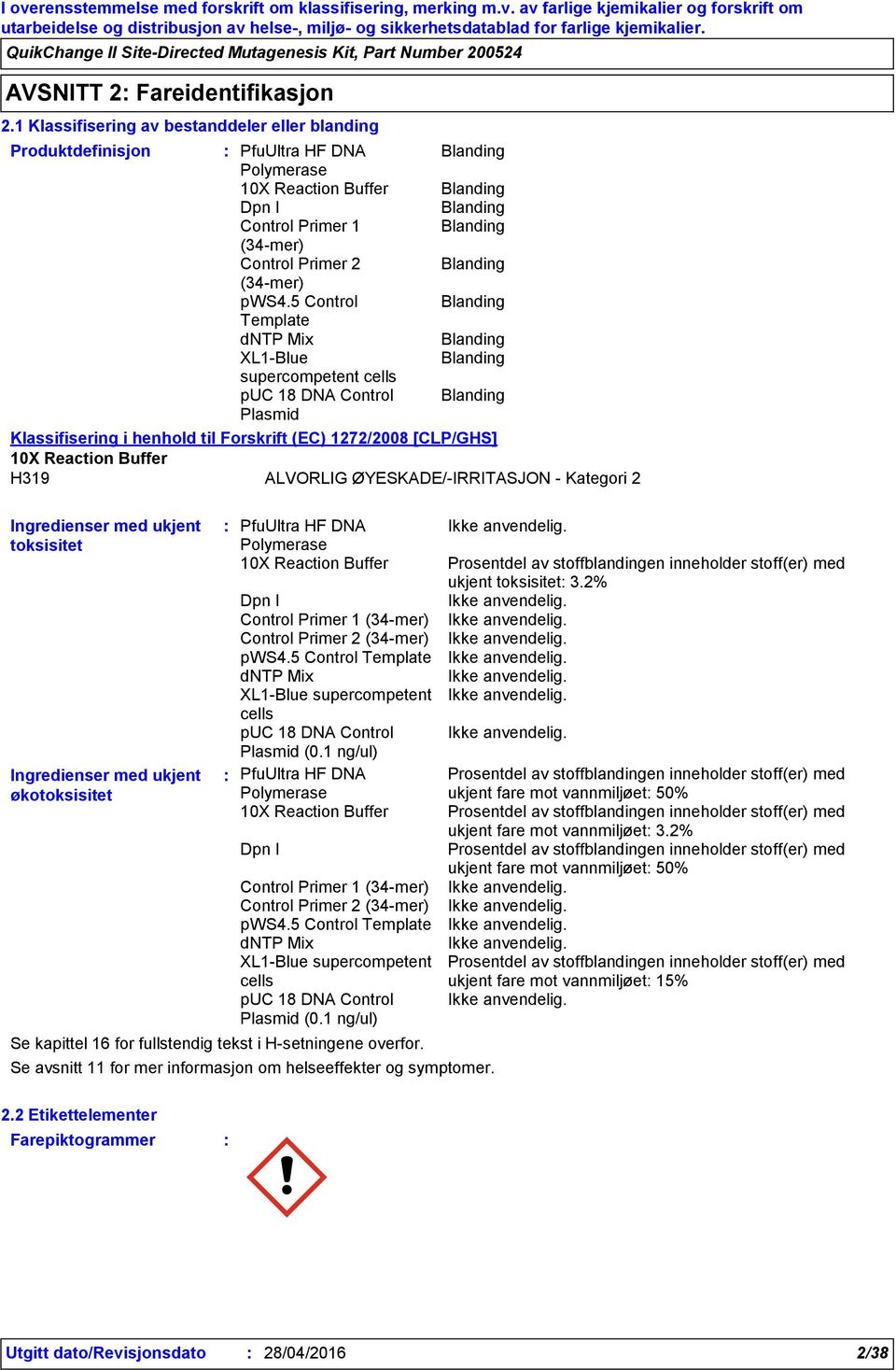 1272/2008 [CLP/GHS] H319 ALVORLIG ØYESKADE/-IRRITASJON - Kategori 2 Ingredienser med ukjent toksisitet Ingredienser med ukjent økotoksisitet Se kapittel 16 for fullstendig tekst i H-setningene