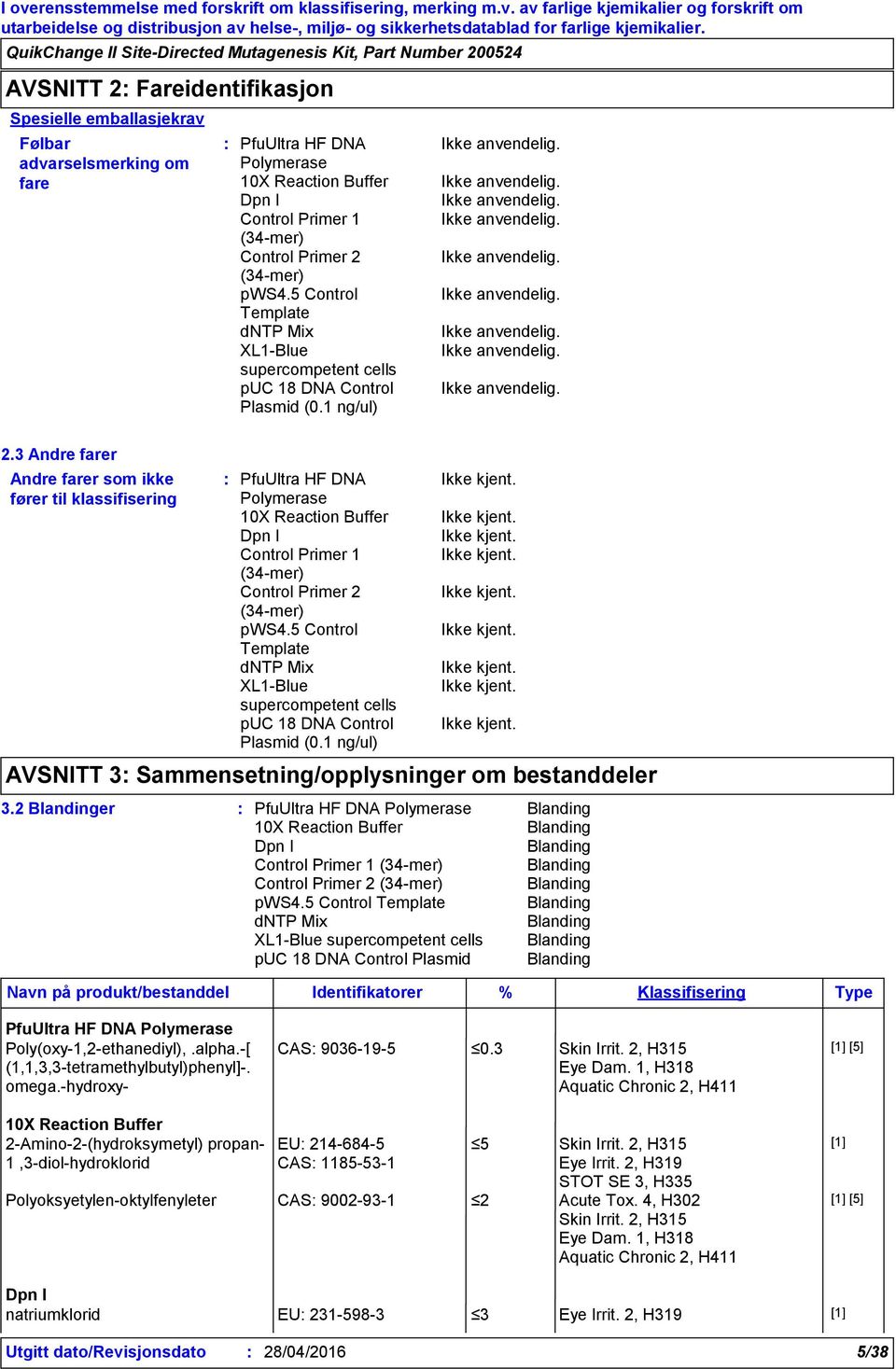 2 Blandinger Blanding Blanding Blanding Blanding Blanding Blanding Blanding Blanding Plasmid Blanding Navn på produkt/bestanddel Identifikatorer % Klassifisering Type Poly(oxy-1,2-ethanediyl),.alpha.