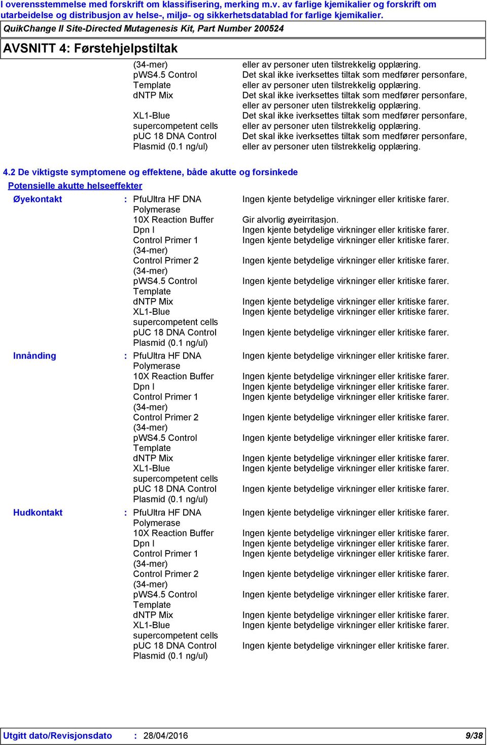 4.2 De viktigste symptomene og effektene, både akutte og forsinkede Potensielle akutte helseeffekter Øyekontakt Innånding Hudkontakt Gir alvorlig øyeirritasjon.