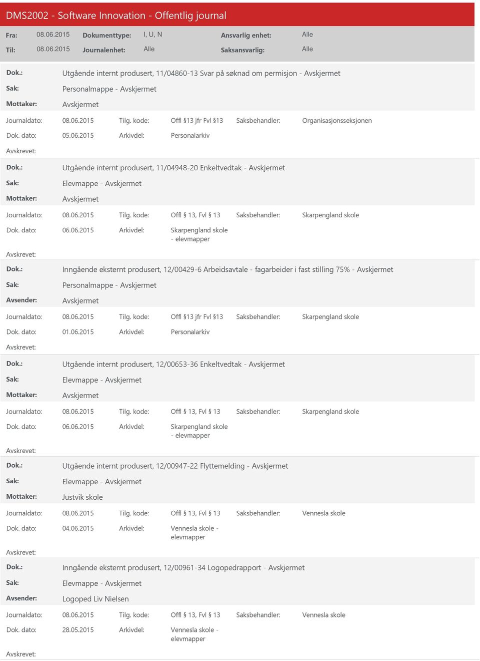 2015 tgående internt produsert, 12/00653-36 Enkeltvedtak - Elevmappe - - tgående internt produsert, 12/00947-22 Flyttemelding - Elevmappe - Justvik skole