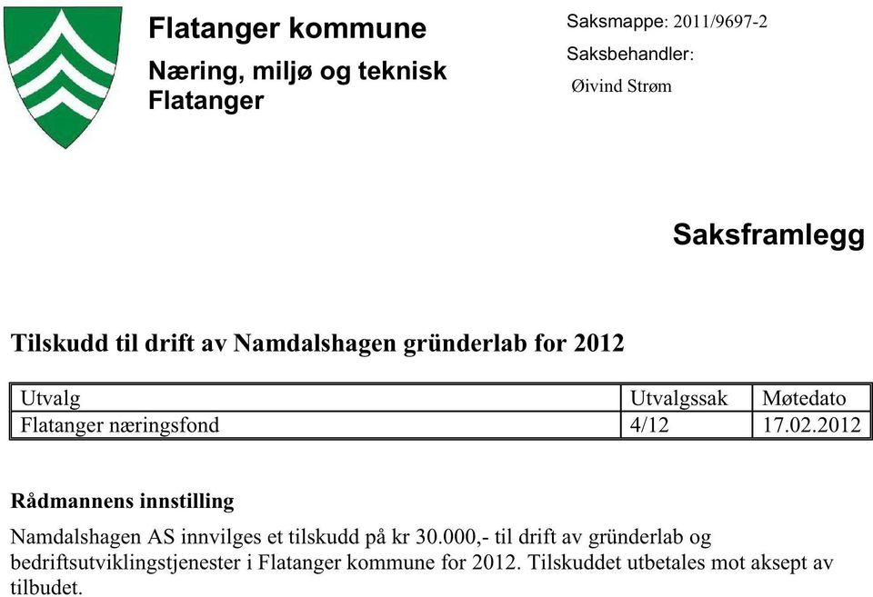 Flatangernæringsfond 4/12 17.02.2012 Rådmannensinnstilling NamdalshagenAS innvilgeset tilskuddpåkr 30.