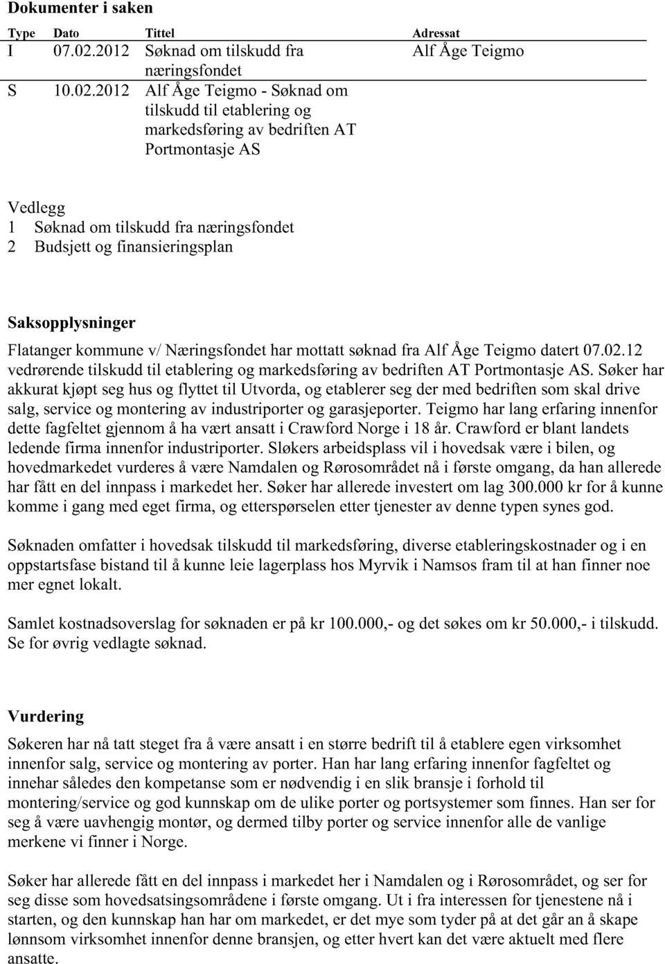2012 Alf Åge Teigmo- Søknadom tilskuddtil etableringog markedsføringav bedriftenat PortmontasjeAS Alf Åge Teigmo Vedlegg 1 Søknadom tilskuddfra næringsfondet 2 Budsjettog finansieringsplan