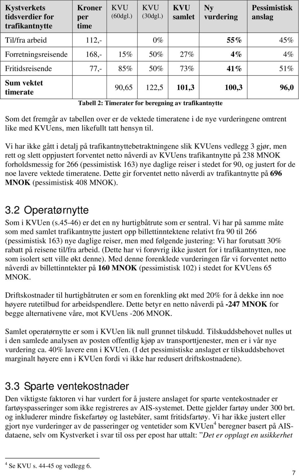 101,3 100,3 96,0 Tabell 2: Timerater for beregning av trafikantnytte Som det fremgår av tabellen over er de vektede timeratene i de nye vurderingene omtrent like med KVUens, men likefullt tatt hensyn