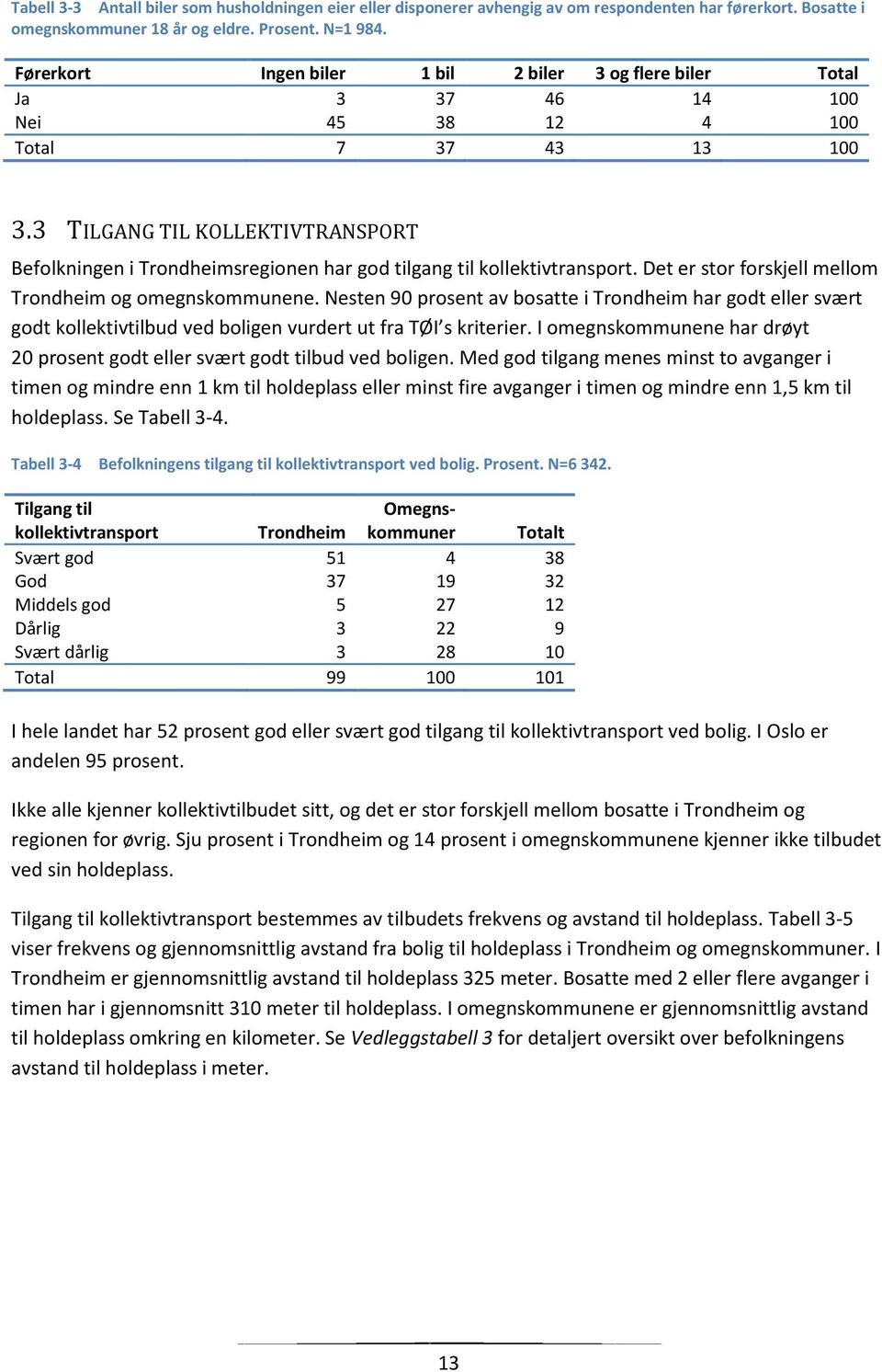 3 TILGANG TIL KOLLEKTIVTRANSPORT Befolkningen i Trondheimsregionen har god tilgang til kollektivtransport. Det er stor forskjell mellom Trondheim og omegnskommunene.