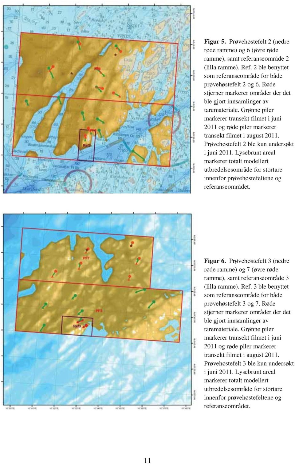 Prøvehøstefelt 2 ble kun undersøkt i juni 2011. Lysebrunt areal markerer totalt modellert utbredelsesområde for stortare innenfor prøvehøstefeltene og referanseområdet. Figur 6.