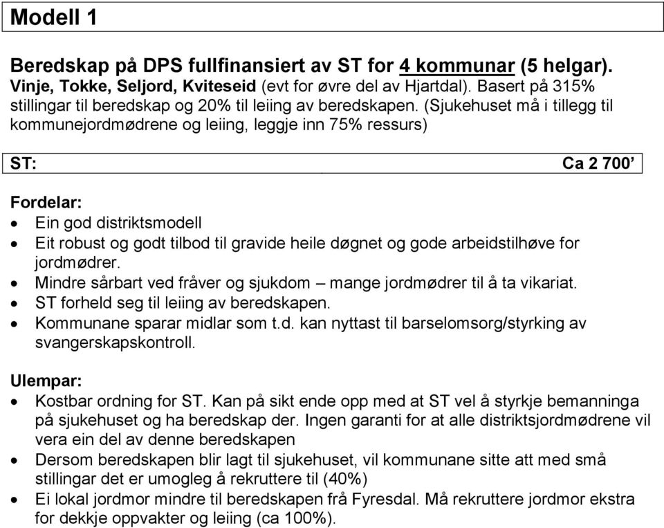 (Sjukehuset må i tillegg til kommunejordmødrene og leiing, leggje inn 75% ressurs) ST: Ca 2 700 Fordelar: Ein god distriktsmodell Eit robust og godt tilbod til gravide heile døgnet og gode