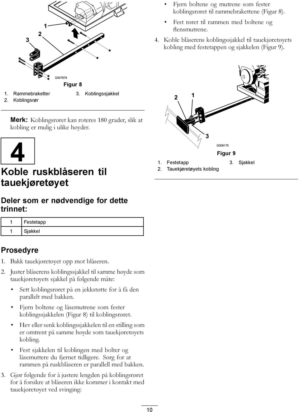 Koblingsrør Merk: Koblingsrøret kan roteres 180 grader, slik at kobling er mulig i ulike høyder. 4 Koble ruskblåseren til tauekjøretøyet Figur 9 1. Festetapp 3. Sjakkel 2.