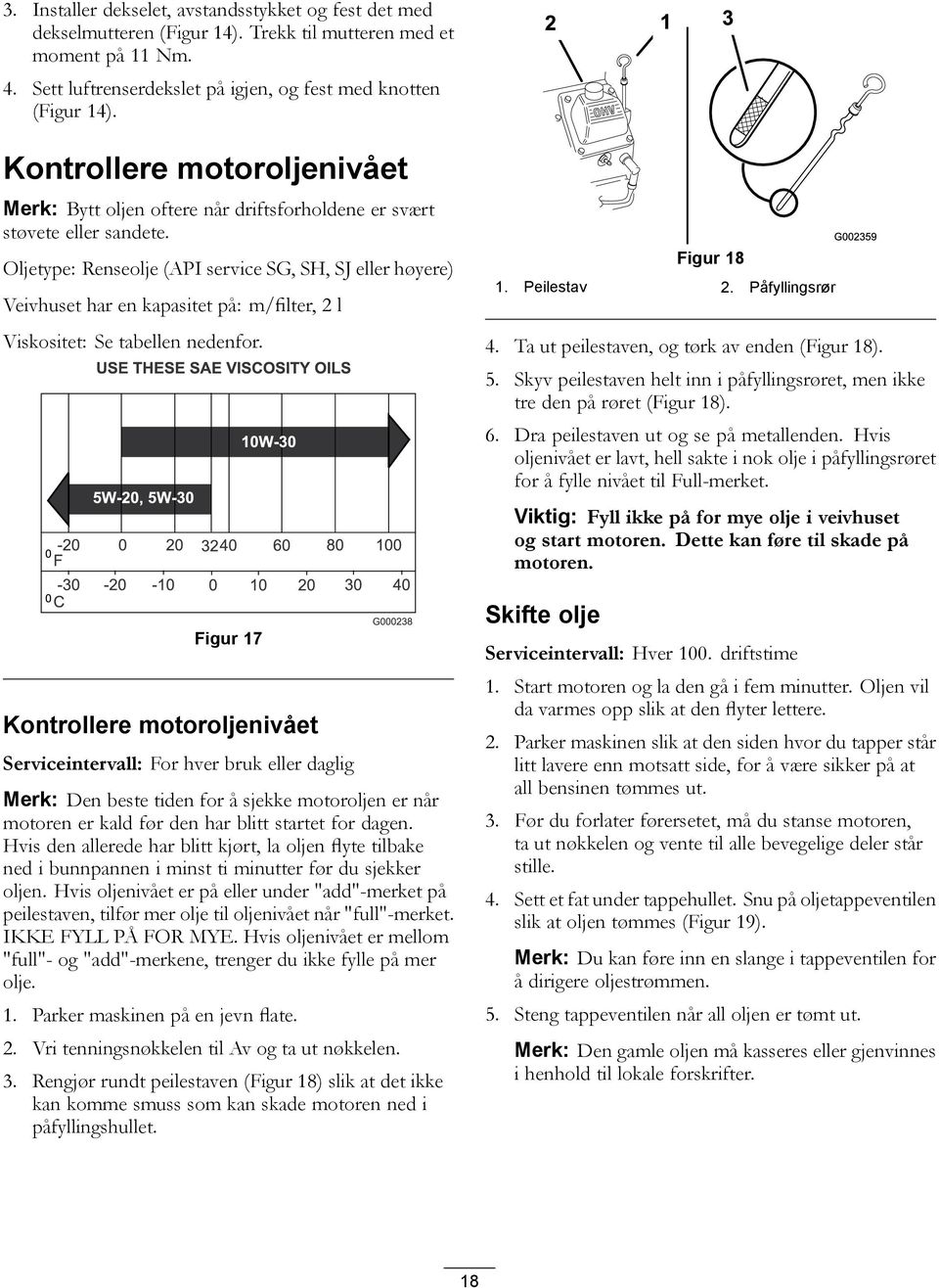 Oljetype: Renseolje (API service SG, SH, SJ eller høyere) Veivhuset har en kapasitet på: m/filter, 2 l Viskositet: Se tabellen nedenfor.