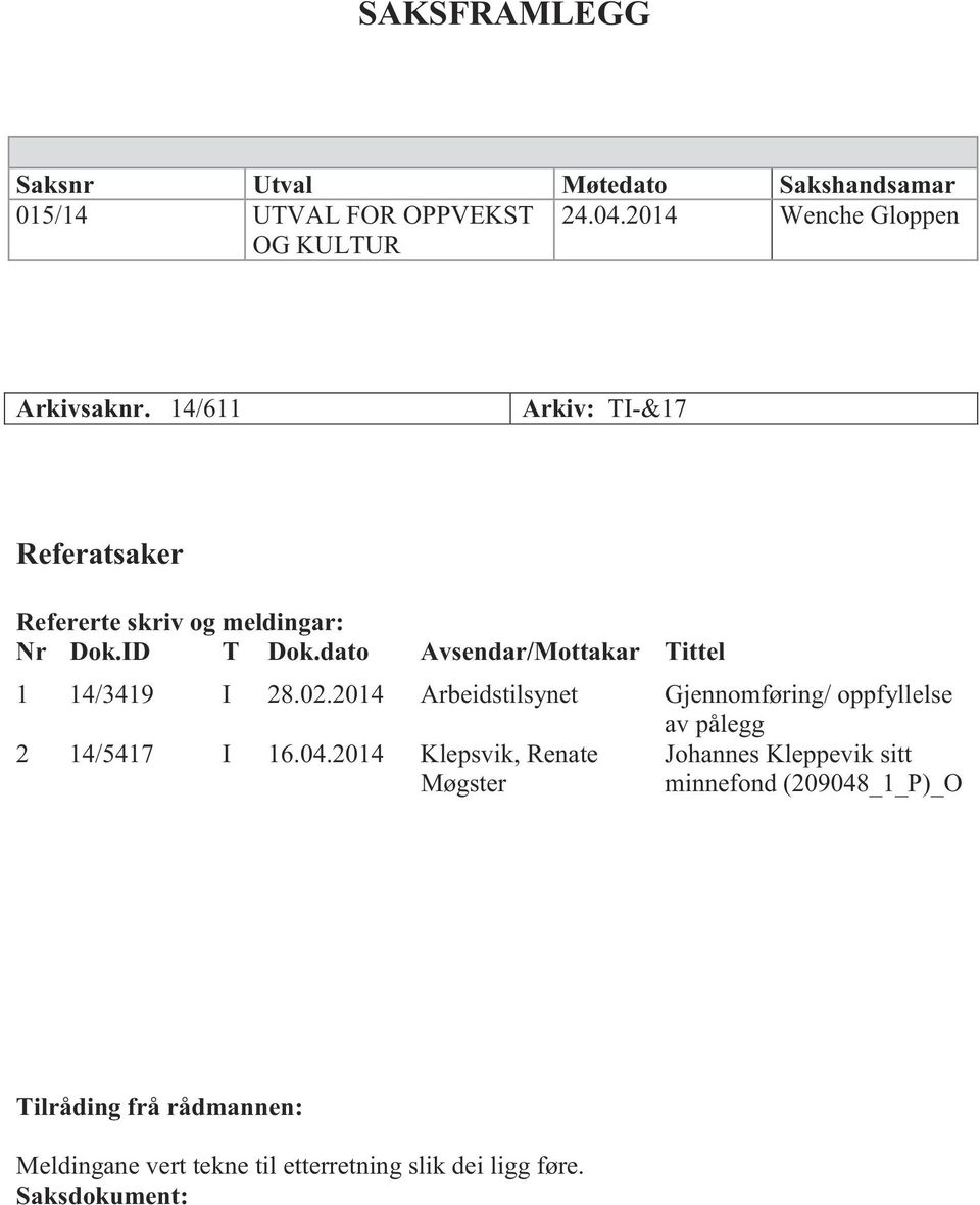 02.2014 Arbeidstilsynet Gjennomføring/ oppfyllelse 2 14/5417 I 16.04.