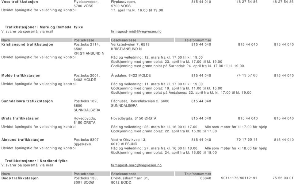 no Kristiansund trafikkstasjon Postboks 2114, Verkstedveien 7, 6518 815 44 040 815 44 040 815 44 040 6502 KRISTIANSUND N KRISTIANSUND N Råd og veiledning: 12. mars fra kl. 17.00 til kl. 19.