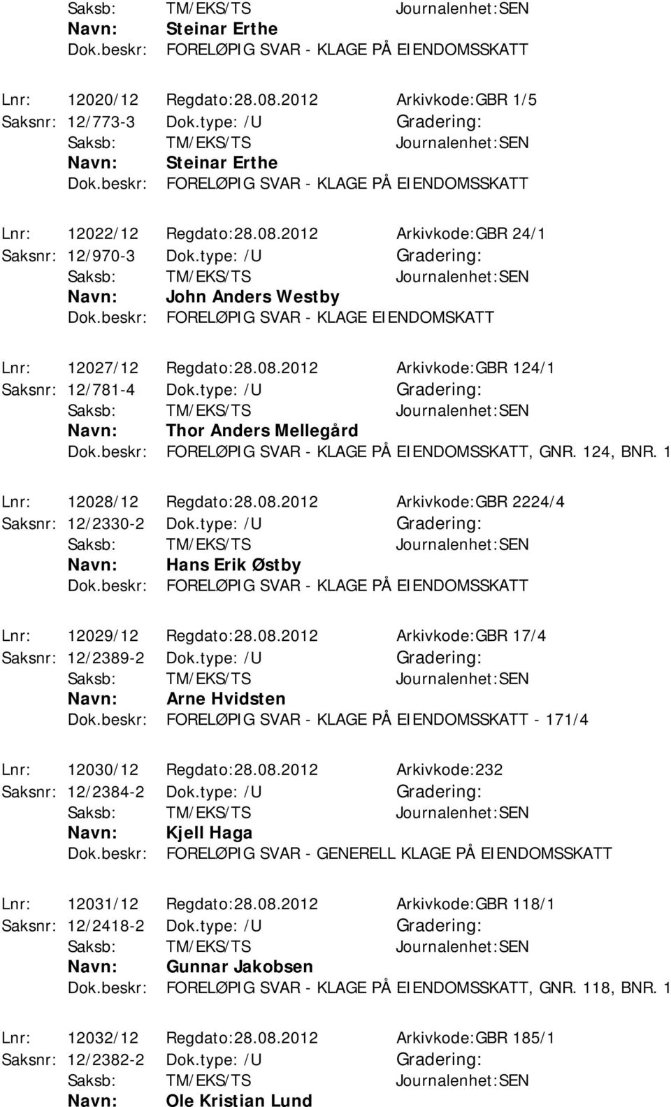 1 Lnr: 12028/12 Regdato:28.08.2012 Arkivkode:GBR 2224/4 Saksnr: 12/2330-2 Dok.type: /U Hans Erik Østby Lnr: 12029/12 Regdato:28.08.2012 Arkivkode:GBR 17/4 Saksnr: 12/2389-2 Dok.