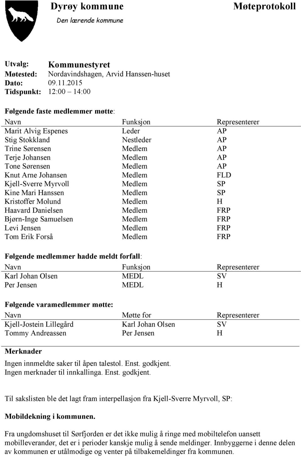 Sørensen Medlem AP Knut Arne Johansen Medlem FLD Kjell-Sverre Myrvoll Medlem SP Kine Mari Hanssen Medlem SP Kristoffer Molund Medlem H Haavard Danielsen Medlem FRP Bjørn-Inge Samuelsen Medlem FRP