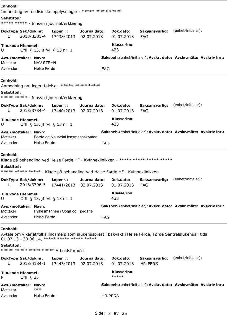 : Mottaker Førde og Naustdal lensmannskontor Klage på behandling ved HF - Kvinneklinikken - - Klage på behandling ved HF - Kvinneklinikken 2013/3396-5 17441/2013 433 Avs./mottaker: Navn: Saksbeh.