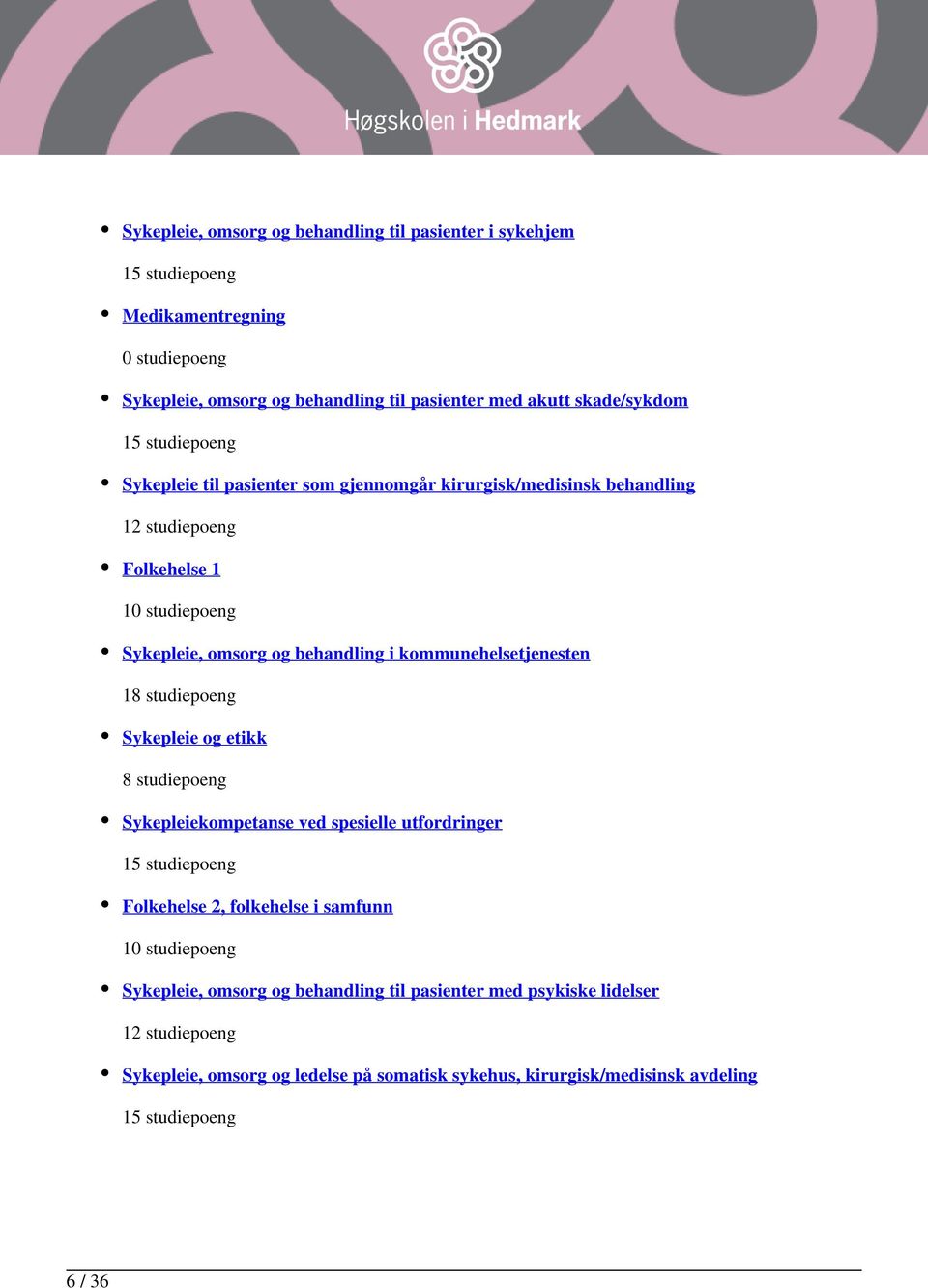 kommunehelsetjenesten 18 studiepoeng Sykepleie og etikk 8 studiepoeng Sykepleiekompetanse ved spesielle utfordringer 15 studiepoeng Folkehelse 2, folkehelse i samfunn 10