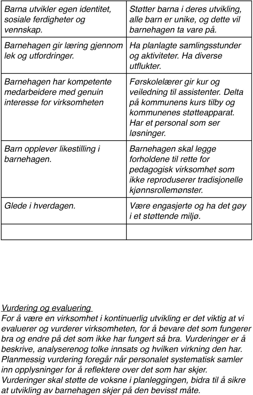 Støtter barna i deres utvikling, alle barn er unike, og dette vil barnehagen ta vare på. Ha planlagte samlingsstunder og aktiviteter. Ha diverse utflukter.