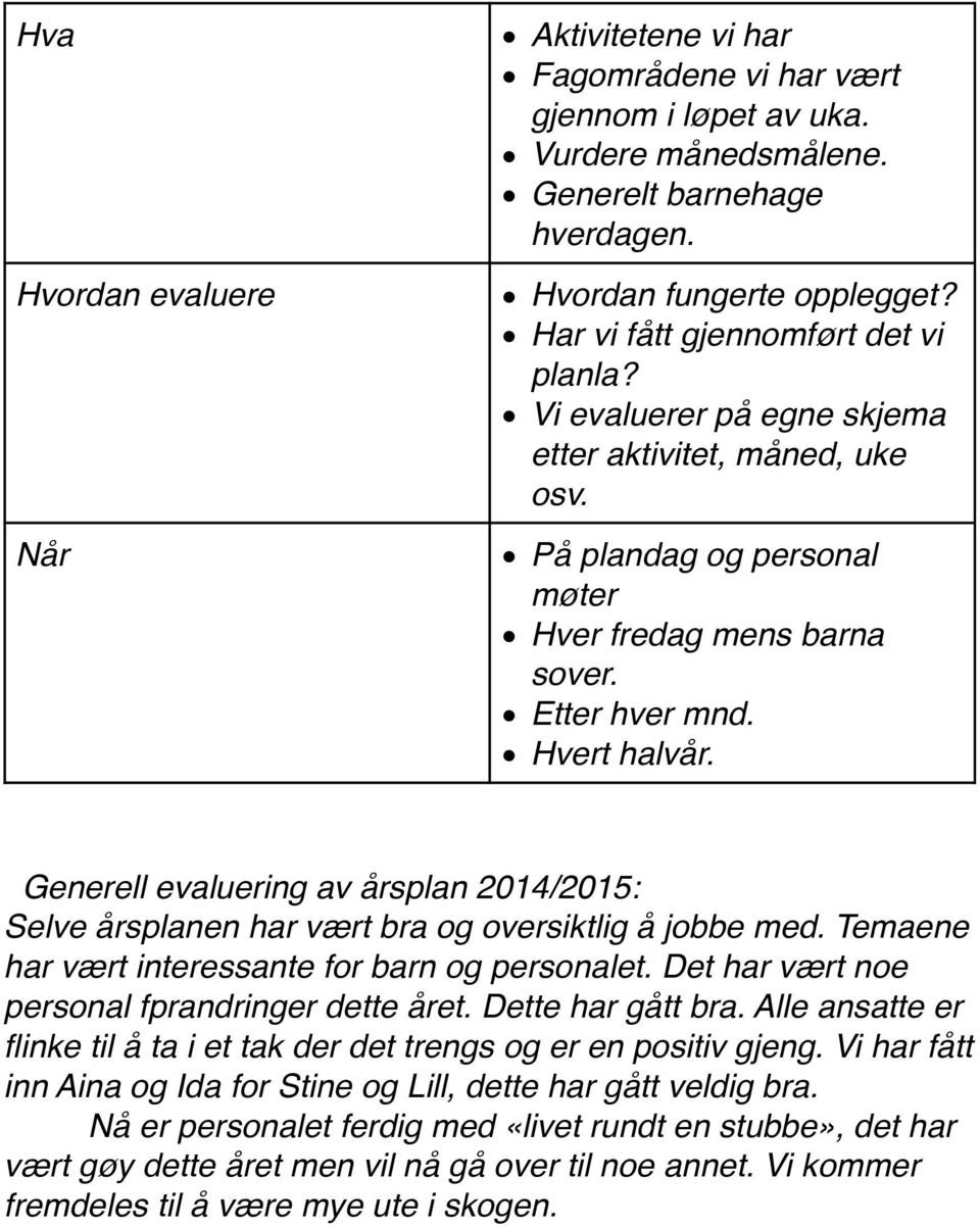 Generell evaluering av årsplan 2014/2015: Selve årsplanen har vært bra og oversiktlig å jobbe med. Temaene har vært interessante for barn og personalet.