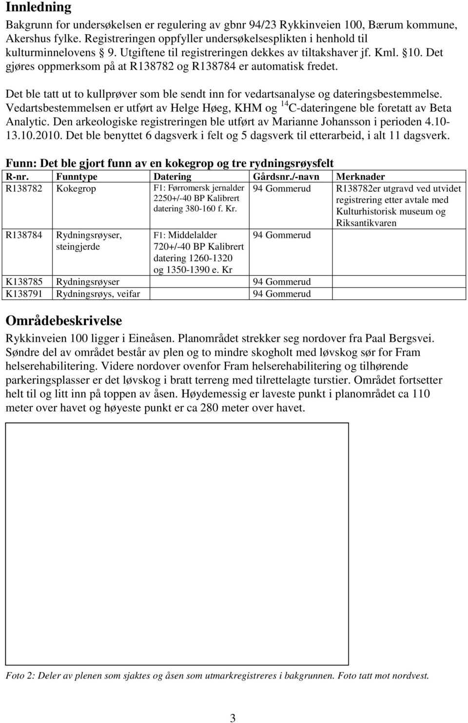 Det ble tatt ut to kullprøver som ble sendt inn for vedartsanalyse og dateringsbestemmelse. Vedartsbestemmelsen er utført av Helge Høeg, KHM og 14 C-dateringene ble foretatt av Beta Analytic.