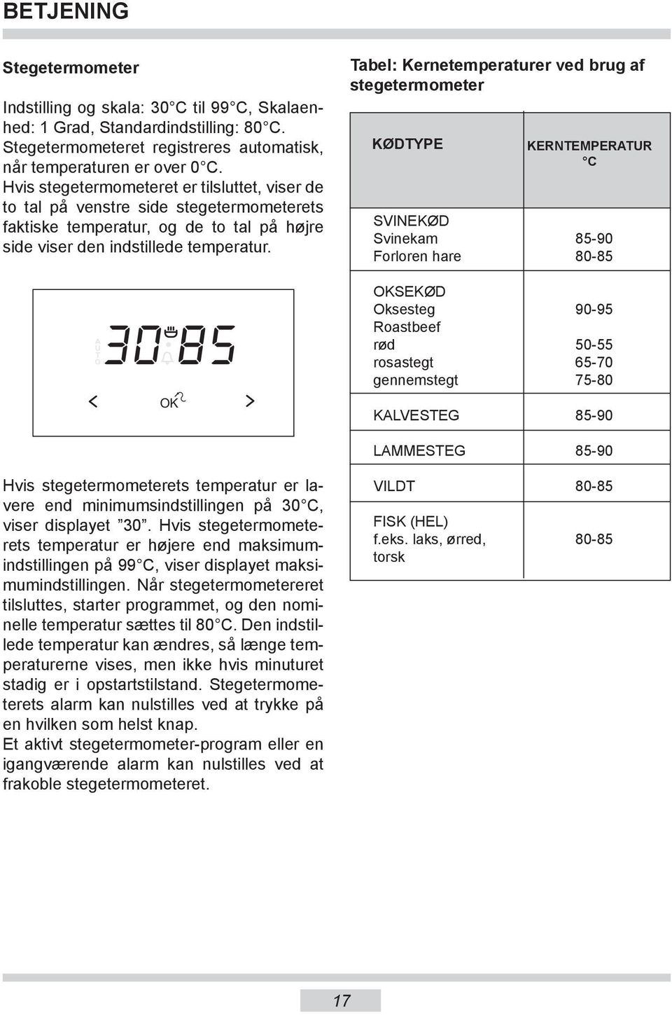 Tabel: Kernetemperaturer ved brug af stegetermometer KØDTYPE SVINEKØD Svinekam Forloren hare KERNTEMPERATUR C 85-90 80-85 30 85 OK Hvis stegetermometerets temperatur er lavere end