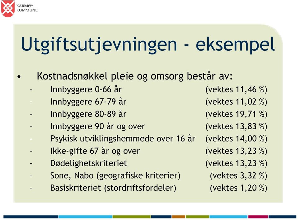 Psykisk utviklingshemmede over 16 år (vektes 14,00 %) Ikke-gifte 67 år og over (vektes 13,23 %)