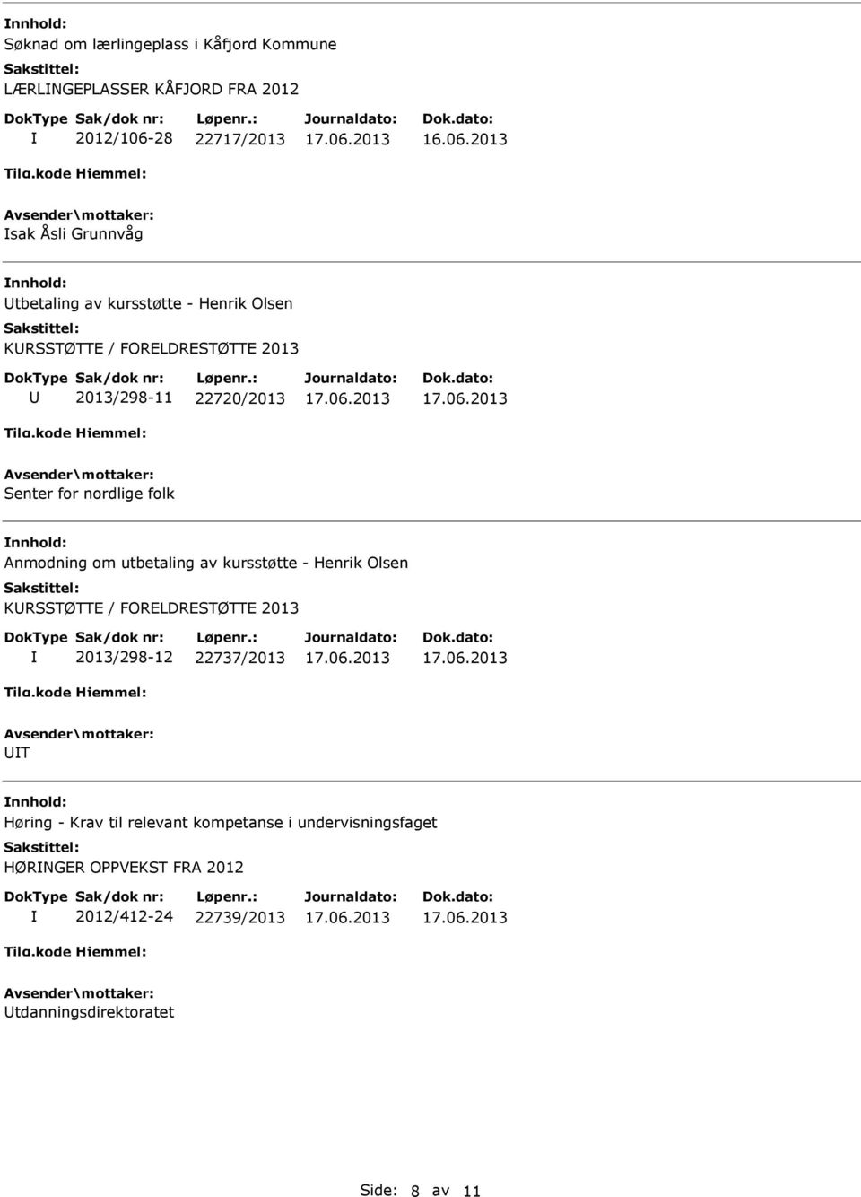 2013 sak Åsli Grunnvåg tbetaling av kursstøtte - Henrik Olsen KRSSTØTT / FORLDRSTØTT 2013 2013/298-11 22720/2013 Senter