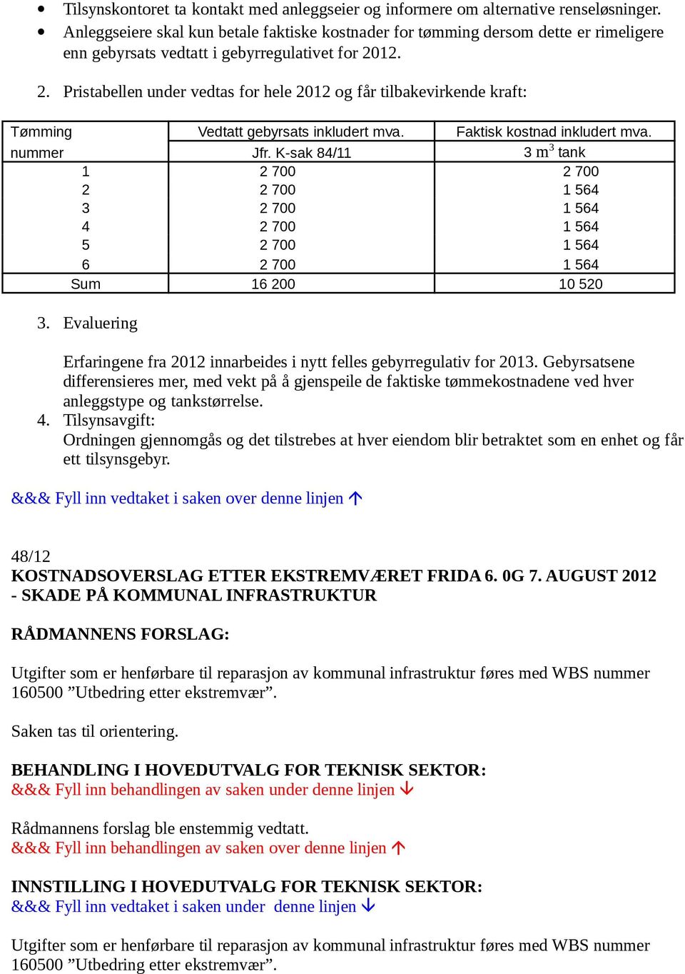 12. 2. Pristabellen under vedtas for hele 2012 og får tilbakevirkende kraft: Tømming Vedtatt gebyrsats inkludert mva. Faktisk kostnad inkludert mva. nummer Jfr.