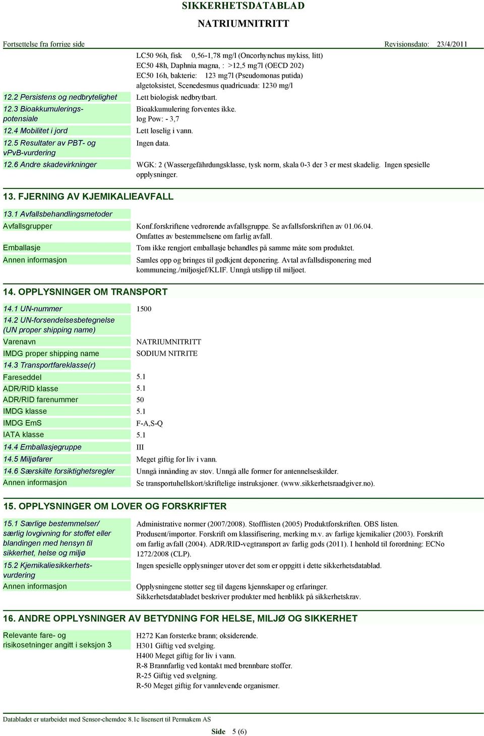 algetoksistet, Scenedesmus quadricuada: 1230 mg/l Lett biologisk nedbrytbart. Bioakkumulering forventes ikke. log Pow: - 3,7 Lett løselig i vann. Ingen data. 12.6 Andre skadevirkninger WGK: 2 (Wassergefährdungsklasse, tysk norm, skala 0-3 der 3 er mest skadelig.