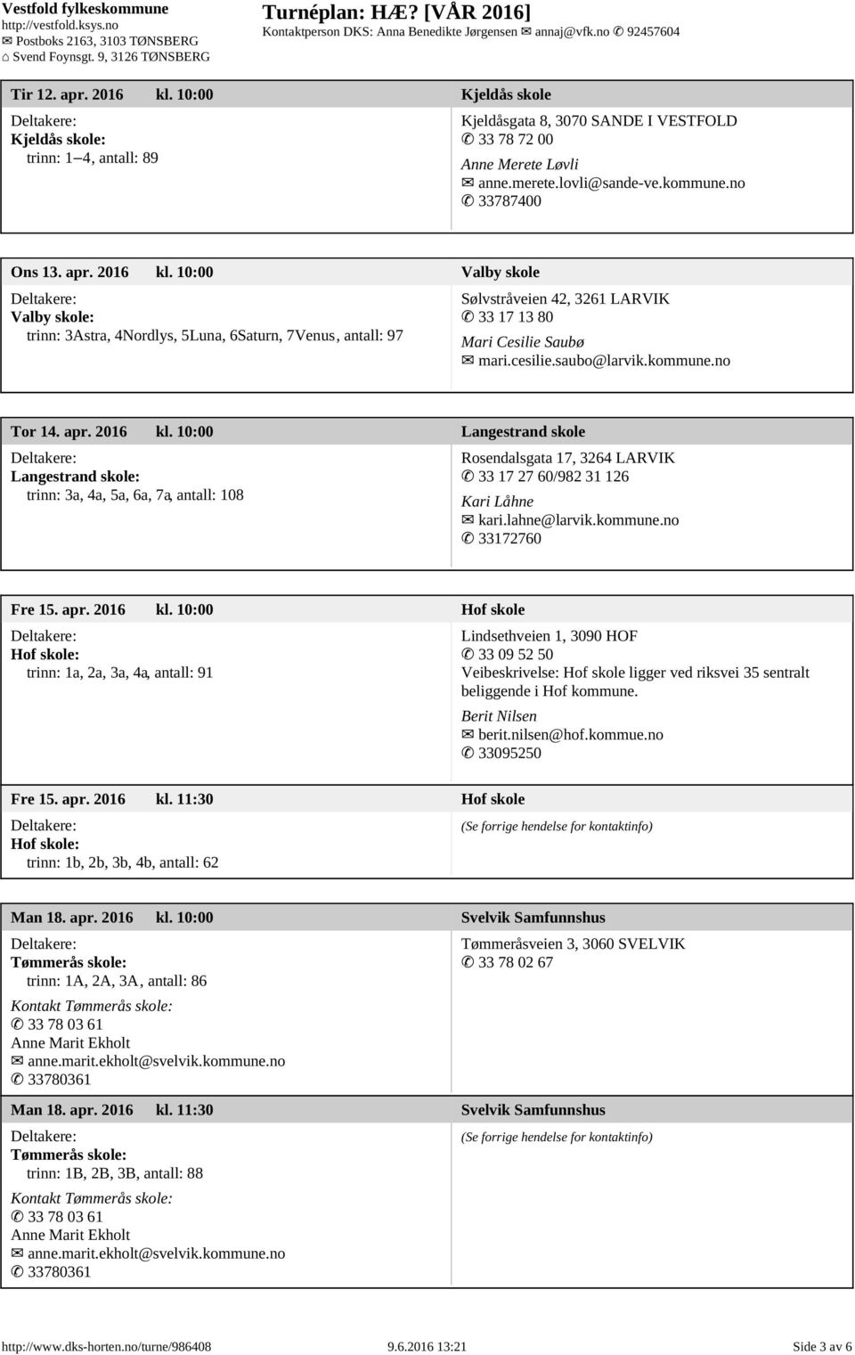 saubo@larvik.kommune.no Tor 14. apr. 2016 kl. 10:00 Langestrand skole Langestrand skole: trinn: 3a, 4a, 5a, 6a, 7a, antall: 108 Rosendalsgata 17, 3264 LARVIK 33 17 27 60/982 31 126 Kari Låhne kari.