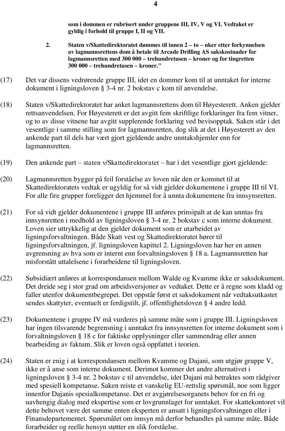 for tingretten 300 000 trehundretusen kroner." (17) Det var dissens vedrørende gruppe III, idet en dommer kom til at unntaket for interne dokument i ligningsloven 3-4 nr.