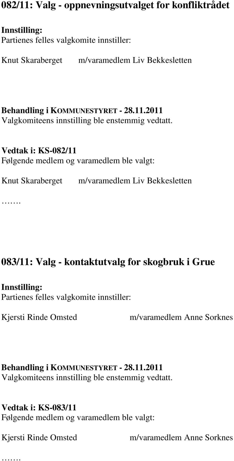 Bekkesletten 083/11: Valg - kontaktutvalg for skogbruk i Grue Kjersti Rinde Omsted m/varamedlem Anne